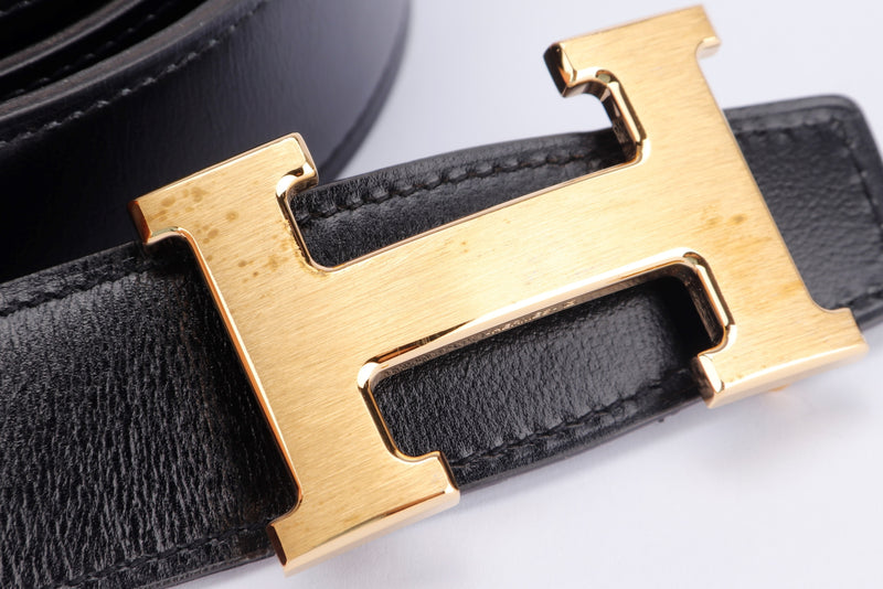 Hermes Gold H Buckle Belt, Length 120cm, Black & Etain Color, with Dust Cover & Box