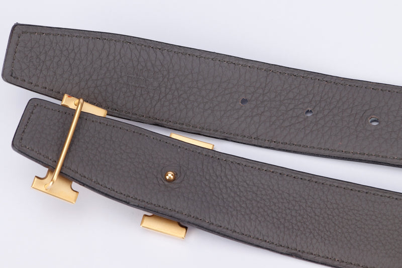 Hermes Gold H Buckle Belt, Length 120cm, Black & Etain Color, with Dust Cover & Box