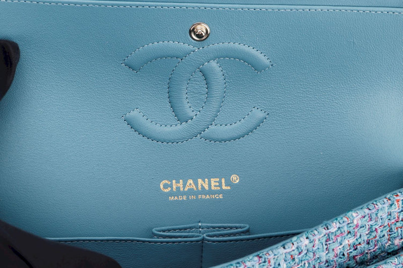Chanel Classic Flap Tweed  (3102xxxx), Medium Size, Blue Tweed with Champagne Gold Hardware, with Card, Dust Cover & Box