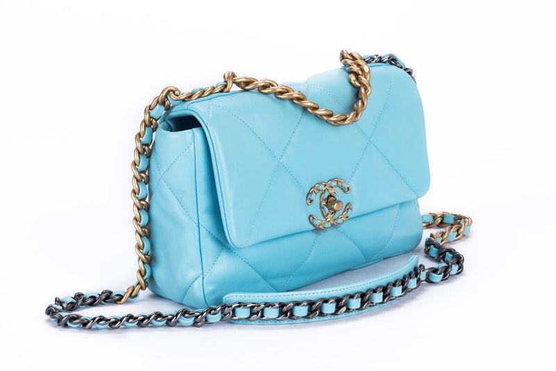 Chanel 19 Flap Bag (3127xxxx) Small Size Pastel Blue Lambskin with Card, Dust Cover & Box