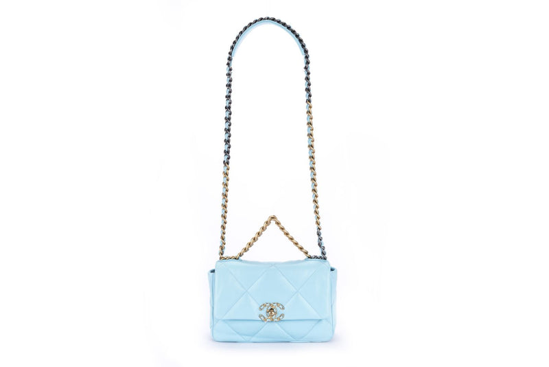 Chanel 19 Flap Bag (3127xxxx) Small Size Pastel Blue Lambskin with Card, Dust Cover & Box