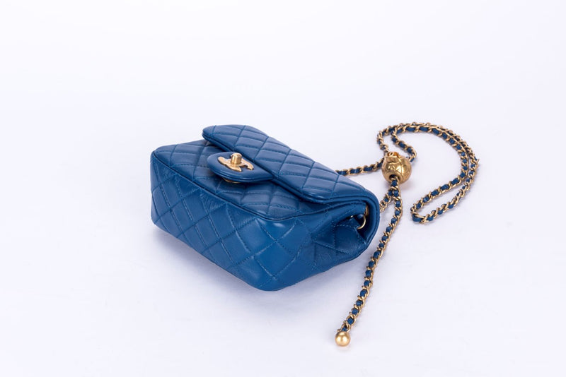 Chanel Mini Square Blue Color, Gold Ball with Card, Dust Cover & Box