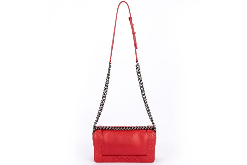 Chanel Le Boy, Medium Size, Red Verso, Calf Leather, Silver Hardware, with Card & Dust Cover