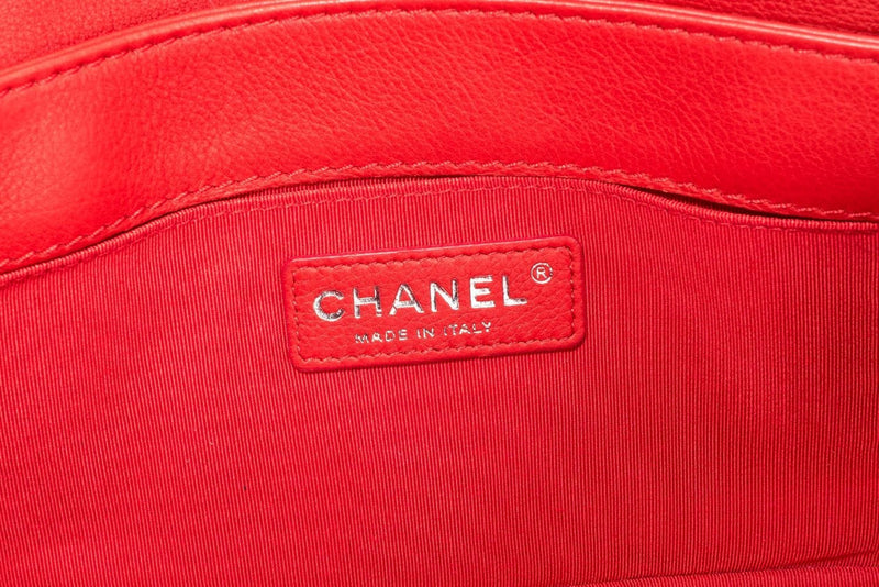 Chanel Le Boy, Medium Size, Red Verso, Calf Leather, Silver Hardware, with Card & Dust Cover