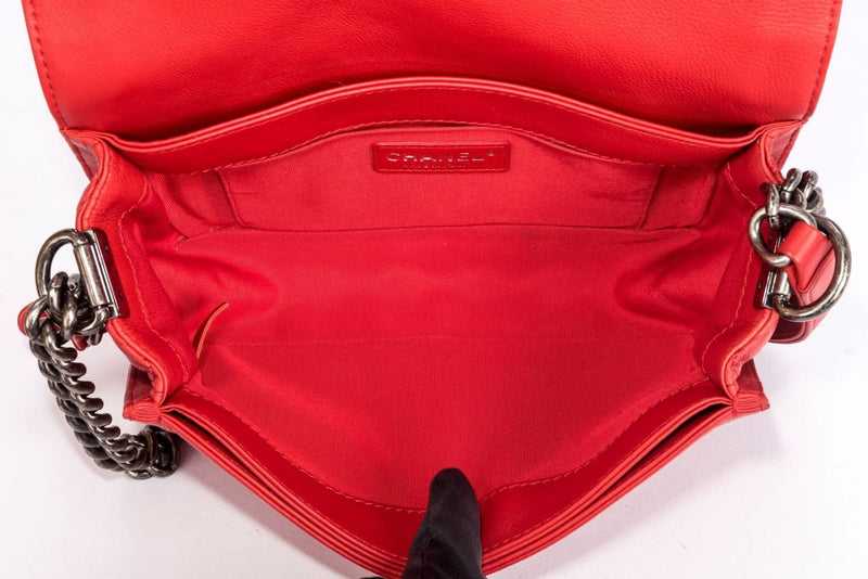 Chanel Le Boy, Medium Size, Red Verso, Calf Leather, Silver Hardware, with Card & Dust Cover