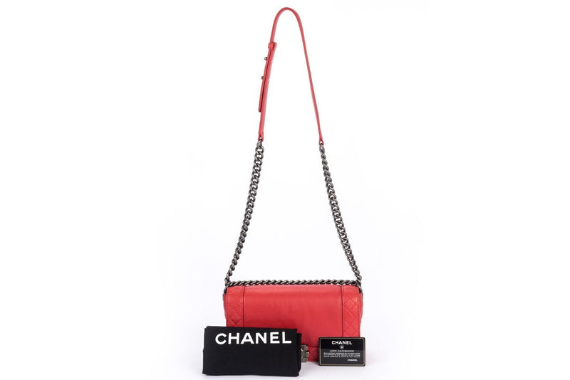 Chanel Le Boy, Medium Size, Red Verso, Calf Leather, Silver Hardware, with Card & Dust Cover