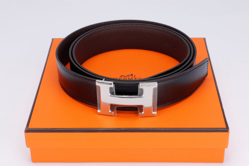 Hermes Silver H Buckle Belt with Dark Brown X Black Reversible Belt, Length 120cm, with Box