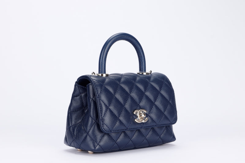 Chanel Extra Mini Coco Handle (AS2215) (S/N: EG5Gxxxx) Dark Blue, Caviar Leather, Light Gold Hardware, with Strap, Dust Cover & Box