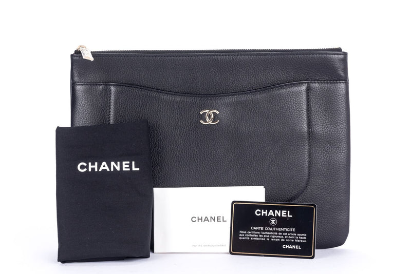 Chanel Black Grain Calf Leather O Case with Card & Dust Cover