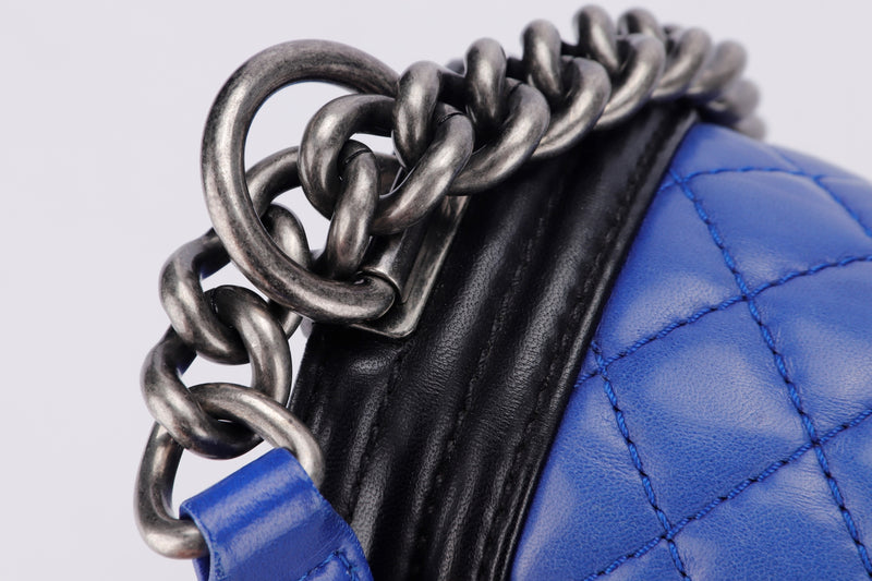 Chanel Le Boy 30cm (1800xxxx) Large Size, Blue with Black Trim Lambskin, Ruthenium Chain, with Card, no Dust Cover