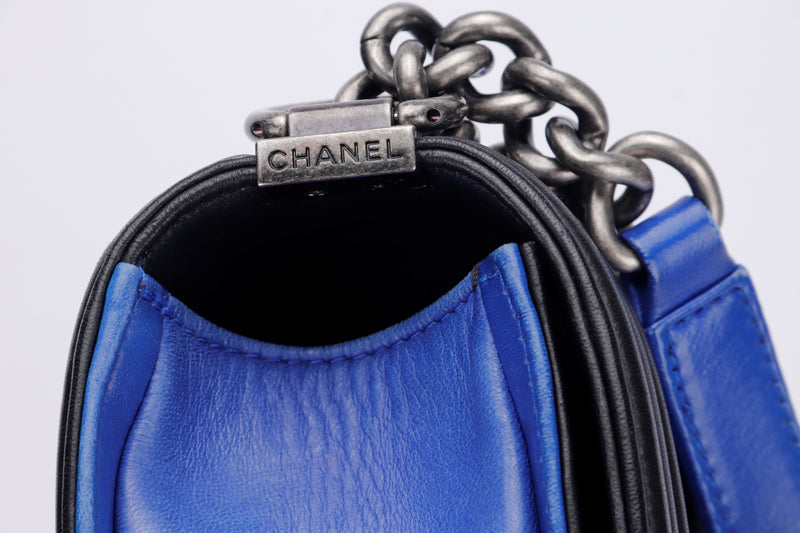 Chanel Le Boy 30cm (1800xxxx) Large Size, Blue with Black Trim Lambskin, Ruthenium Chain, with Card, no Dust Cover