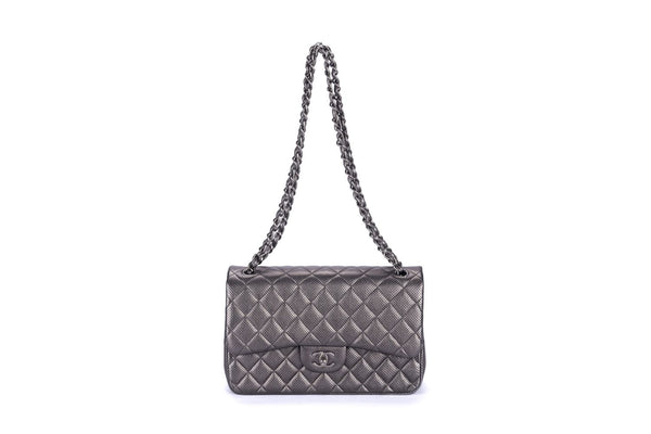 Chanel Classic Flap (2063xxxx) Jumbo Dark Metallic Silver Perforated Lambskin with Card & Dust Cover