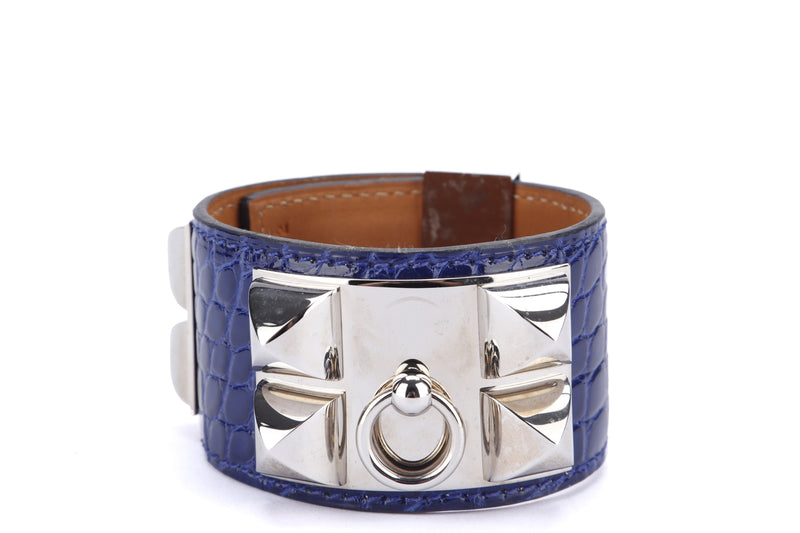 (Exotic) Hermes CDC Bracelet (Stamp P), Blue Electric Alligator Leather, Silver Hardware, with Dust Cover & Box