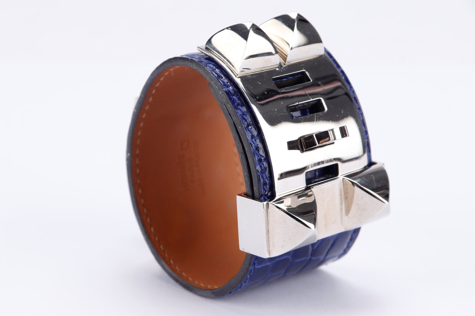 Exotic Hermes CDC Bracelet Stamp P Blue Electric Alligator Leather Silver Hardware with Dust Cover Box