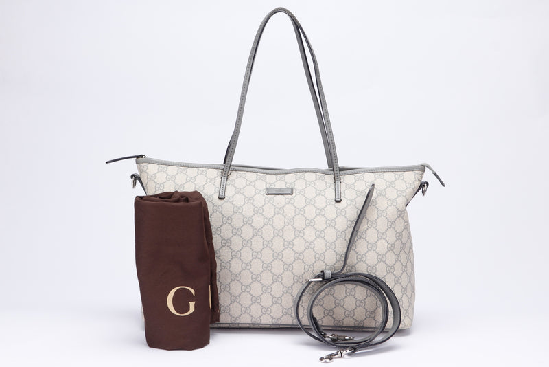 Gucci Light Grey Trim Canvas Shoulder Tote (353437 525040), with Strap & Dust Cover