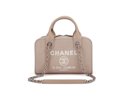 Chanel Deauville Boston (Microchip: G59Hxxxx) Canvas Light Brown, Silver Hardware, with Dust Cover & Box