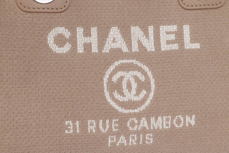 Chanel Deauville Boston (Microchip: G59Hxxxx) Canvas Light Brown, Silver Hardware, with Dust Cover & Box