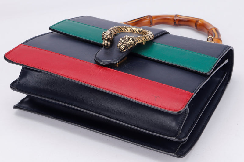 Gucci Dionysus Medium Bamboo Top Handle (448075 525040) Black, Green & Red Leather, with Strap, no Dust Cover