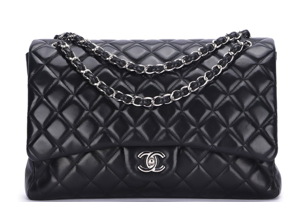 CHANEL DOUBLE FLAP BAG (1739xxxx) MAXI BLUE PATENT LEATHER SILVER HARDWARE,  WITH CARD & DUST COVER