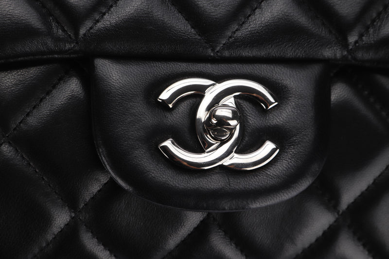 CHANEL CLASSIC FLAP MAXI (1341xxxx) BLACK LAMBSKIN, SILVER HARDWARE, WIDTH 34CM, WITH CARD & DUST COVER