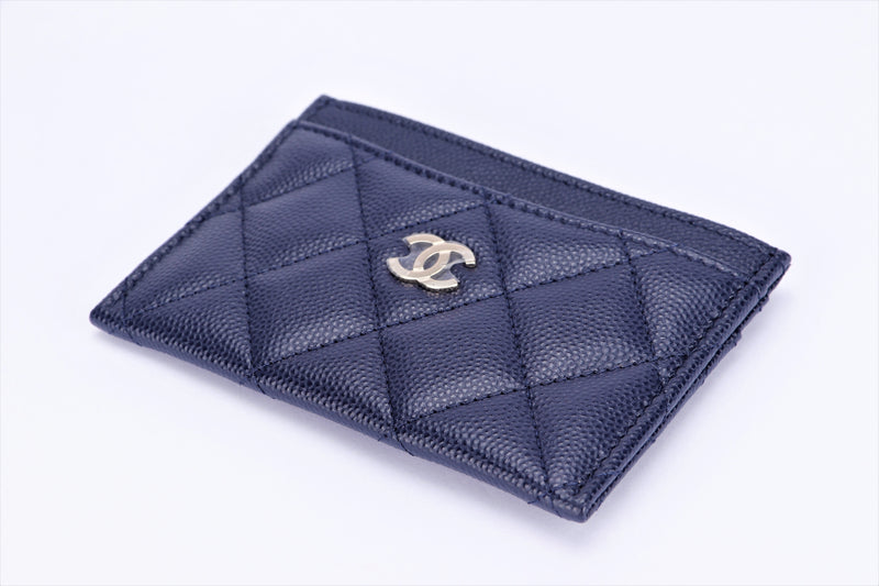 Chanel Navy Blue Caviar Card Case (EK1Pxxxx), Light Gold Hardware, with Dust Cover & Box