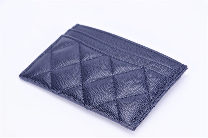 Chanel Navy Blue Caviar Card Case (EK1Pxxxx), Light Gold Hardware, with Dust Cover & Box