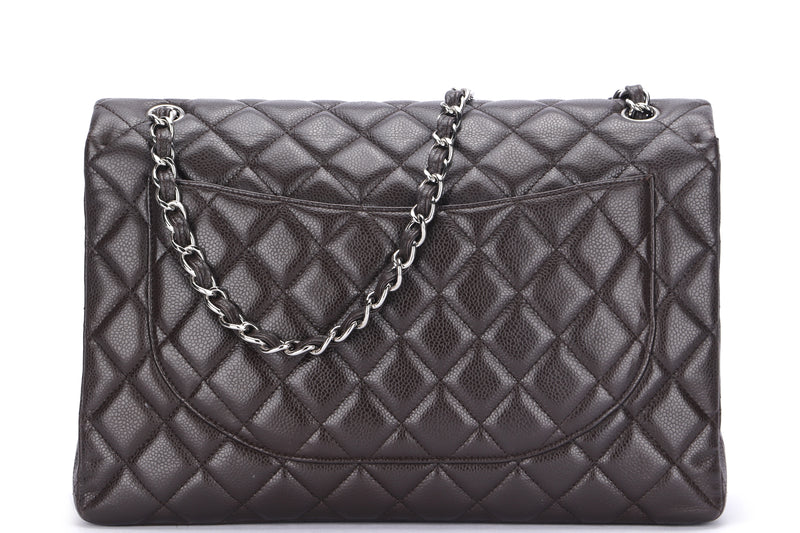 CHANEL CLASSIC FLAP MAXI SINGLE FLAP (1401xxxx) BROWN CAVIAR LEATHER, SILVER HARDWARE, WITH CARD, DUST COVER & BOX