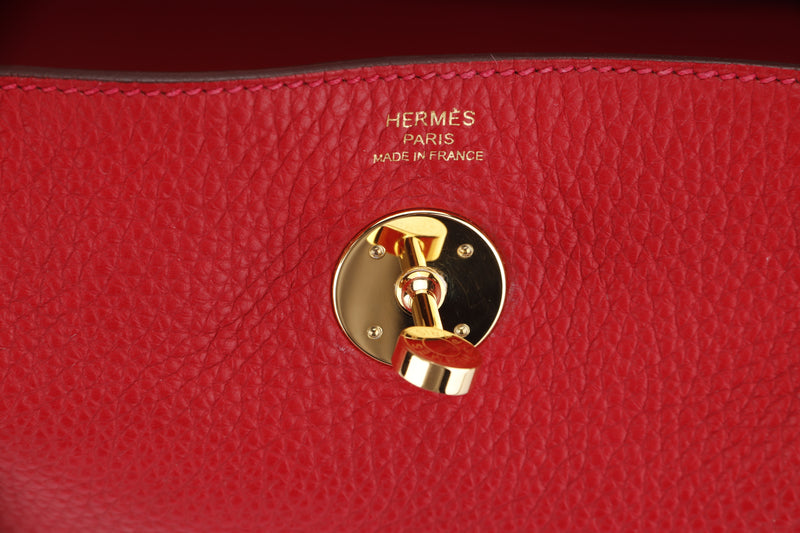 AUTHENTIC Hermes 2017 A Stamp Hermes Red Clemence Lindy Bag 26 Gold Hardware