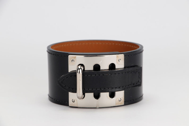 Hermes Perforated Intense Bracelet, Black Color, Silver Hardware