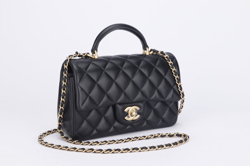 Chanel Small Flap Bag With Wenge Wood Top Handle Lambskin Ghw