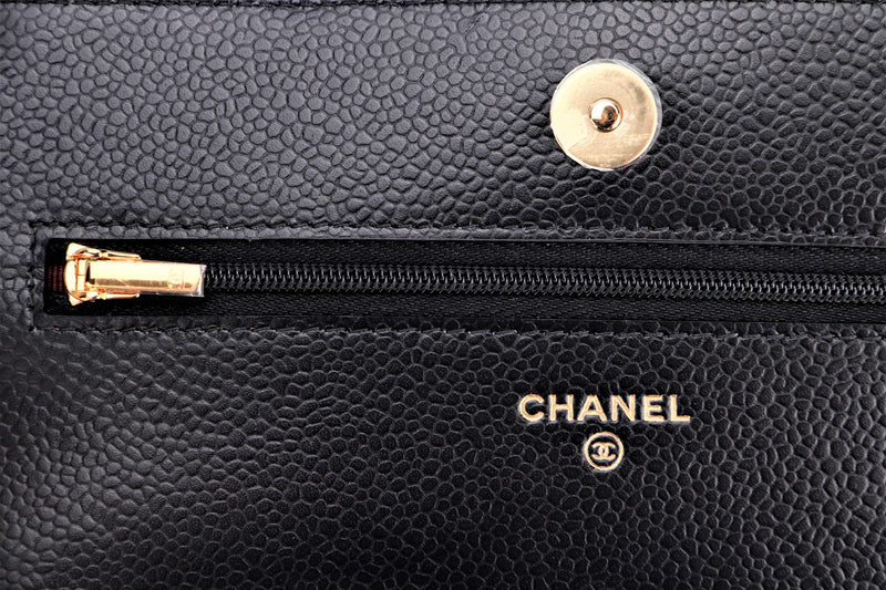 CHANEL CLASSIC WALLET ON CHAIN (MICROCHIP P7P3xxxx) BLACK CAVIAR, GOLD HARDWARE, WITH DUST COVER & BOX
