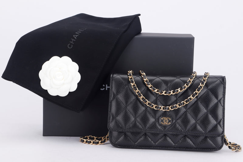 CHANEL CLASSIC WALLET ON CHAIN (MICROCHIP P7P3xxxx) BLACK CAVIAR, GOLD HARDWARE, WITH DUST COVER & BOX