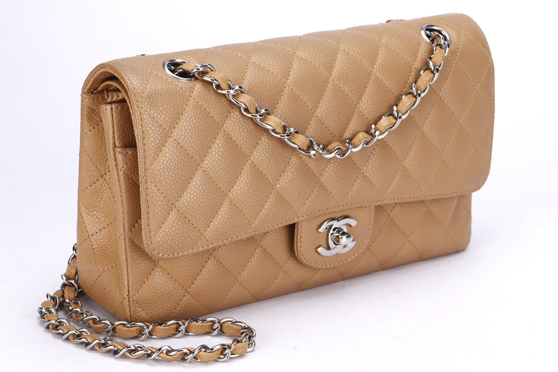 Chanel Classic Double Flap (1172xxxx) Medium Nube Color Quilted Caviar Leather Silver Hardware, with Card & Dust Cover