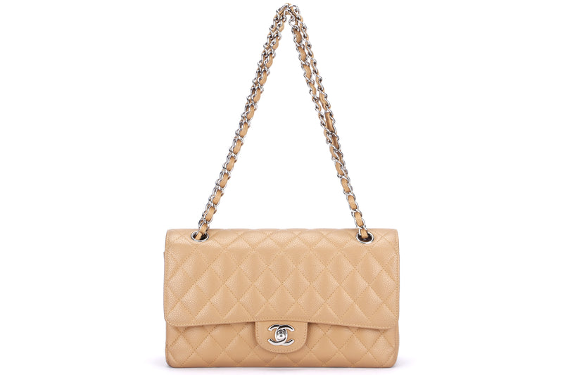 Chanel Classic Double Flap (1172xxxx) Medium Nube Color Quilted Caviar Leather Silver Hardware, with Card & Dust Cover