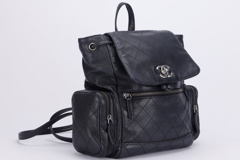Chanel Black Calfskin Backpack (2396xxxx), Silver Hardware, with Card, no Hologram & Dust Cover