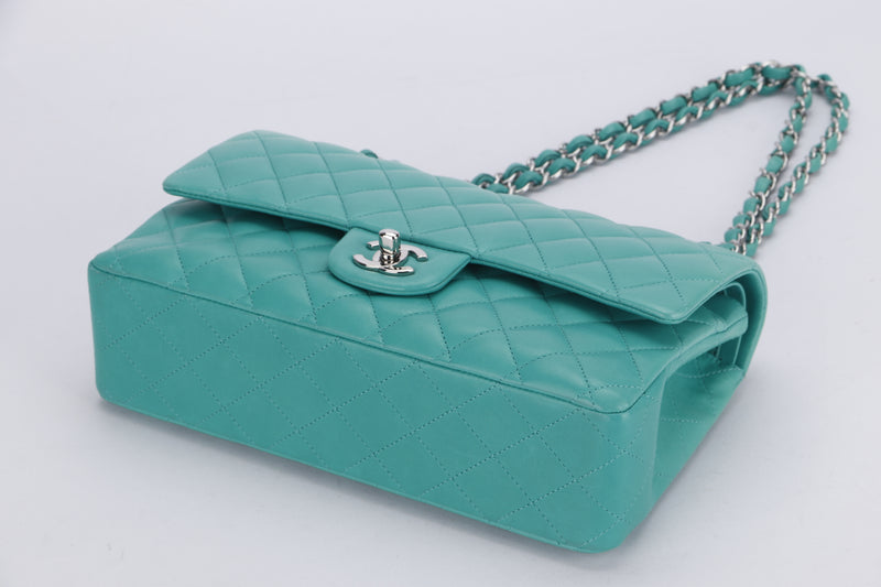 CHANEL CLASSIC DOUBLE FLAP (1641xxxx) MEDIUM GREEN LAMBSKIN LEATHER, SILVER CHAIN, WITH CARD, DUST COVER & BOX