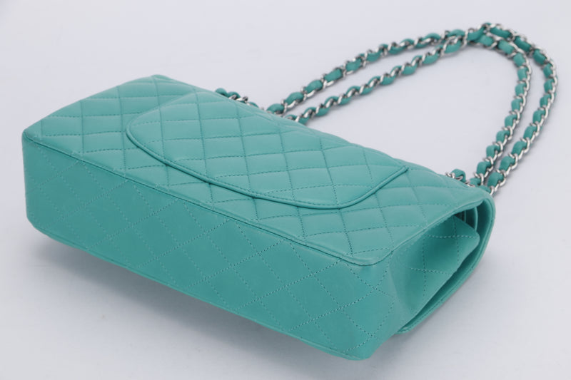 CHANEL CLASSIC DOUBLE FLAP (1641xxxx) MEDIUM GREEN LAMBSKIN LEATHER, SILVER CHAIN, WITH CARD, DUST COVER & BOX