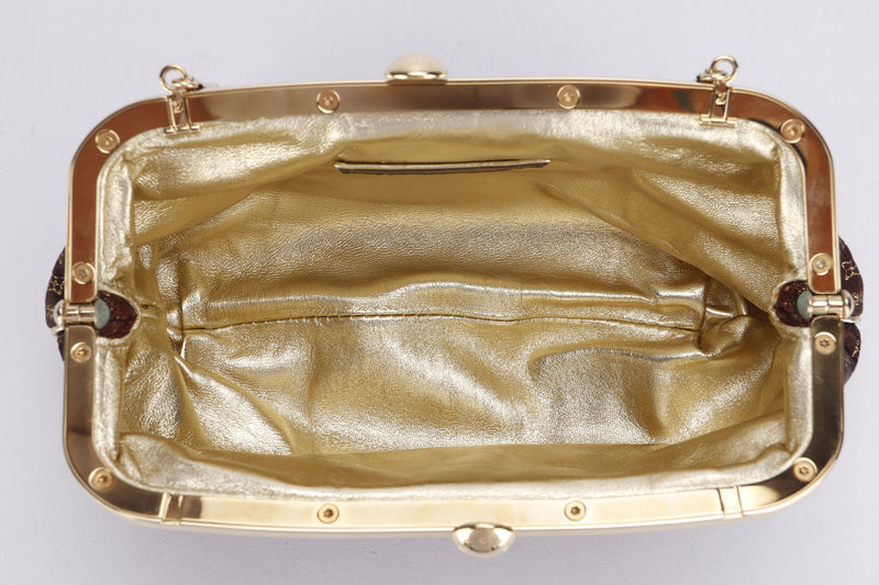 LOUIS VUITTON AUMONIERE EVENING BAG MONOGRAM SATIN WITH GOLD HARDWARE, WITH DUST COVER