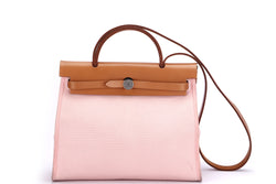 hermes herbag 31cm (stamp t) rose sakura color canvas with pouch bag,  silver hardware, with dust cover