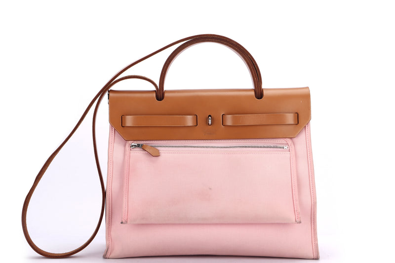 hermes herbag 31cm (stamp t) rose sakura color canvas with pouch bag,  silver hardware, with dust cover