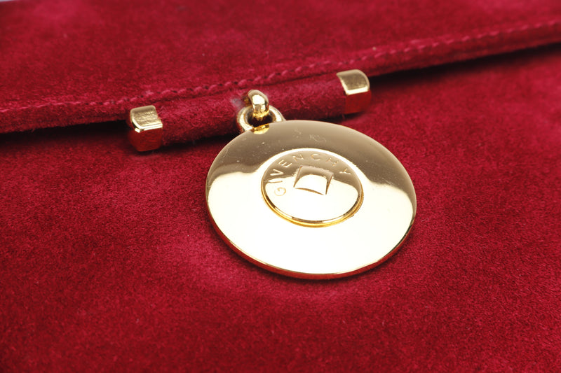 GIVENCHY RED SUEDE DINNER BAG, GOLD HARDWARE, WITH STRAP, DUST COVER & BOX