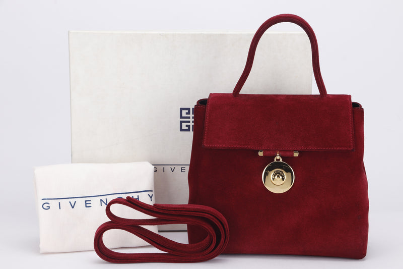 GIVENCHY RED SUEDE DINNER BAG, GOLD HARDWARE, WITH STRAP, DUST COVER & BOX