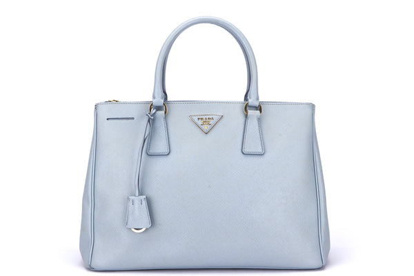 PRADA BN2274 DOUBLE ZIP CONVERTIBLE TOTE, BABY BLUE SAFFIANO LEATHER, GOLD HARDWARE, WITH CARD, STRAP, DUST COVER & BOX