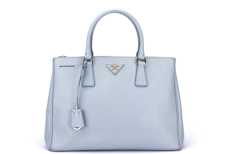 PRADA BN2274 DOUBLE ZIP CONVERTIBLE TOTE, BABY BLUE SAFFIANO LEATHER, GOLD HARDWARE, WITH CARD, STRAP, DUST COVER & BOX