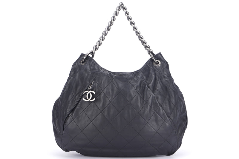 CHANEL COCO PLEATS BLACK QUILTED CALFSKIN LEATHER HOBO BAG (1673xxxx), SILVER HARDWARE, WITH SRRAP & CARD, NO DUST COVER