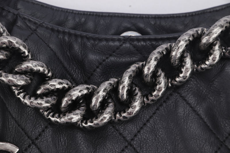 CHANEL COCO PLEATS BLACK QUILTED CALFSKIN LEATHER HOBO BAG (1673xxxx), SILVER HARDWARE, WITH SRRAP & CARD, NO DUST COVER