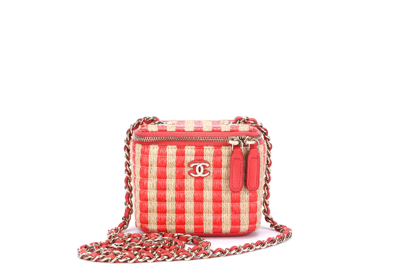 CHANEL VANITY CASE (3109xxxx) SMALL SIZE, RED & BEIGE RAFFIA WITH JUTE THREAD, GOLD HARDWARE, WITH CARD & DUST COVER