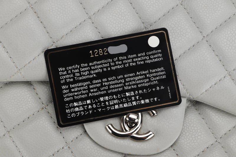 CHANEL CLASSIC SINGLE FLAP BAG (1282xxxx) JUMBO LIGHT MINT GREEN COLOR CAVIAR LEATHER, SILVER HARDWARE, WITH CARD & DUST COVER