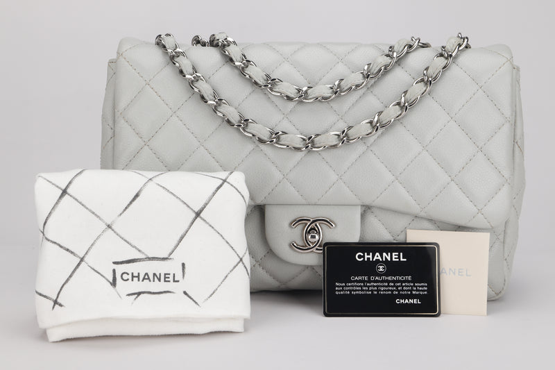 CHANEL CLASSIC SINGLE FLAP BAG (1282xxxx) JUMBO LIGHT MINT GREEN COLOR CAVIAR LEATHER, SILVER HARDWARE, WITH CARD & DUST COVER
