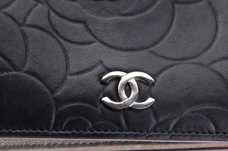 CHANEL CAMELLIA LONG WALLET (1462xxxx) BLACK LAMBSKIN SILVER HARDWARE, WITH CARD & BOX
